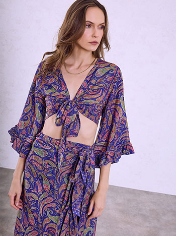 Printed crop top with tie in electric blue
