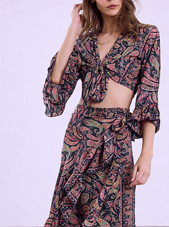 Printed crop top with tie in dark blue