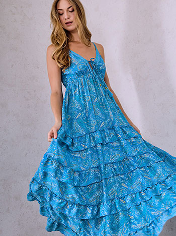 Printed dress with front tie detail in turquoise