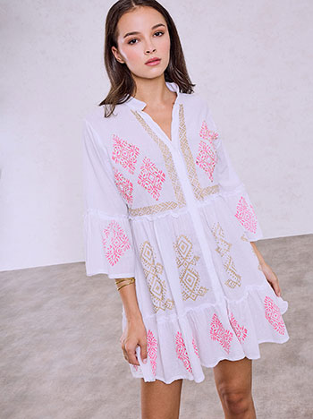 Printed kaftan dress with pearls in fuchsia