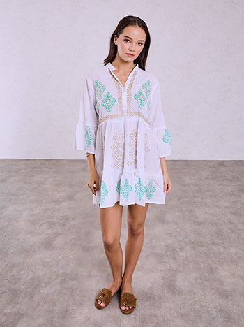 Printed kaftan dress with pearls in green