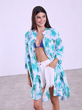 Printed shirt kaftan with pockets in almond green