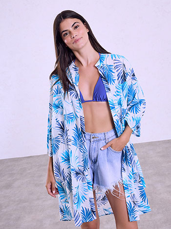 Printed shirt kaftan with pockets in teal