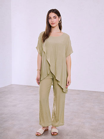 Wrap front top and wide leg trousers set in olive green