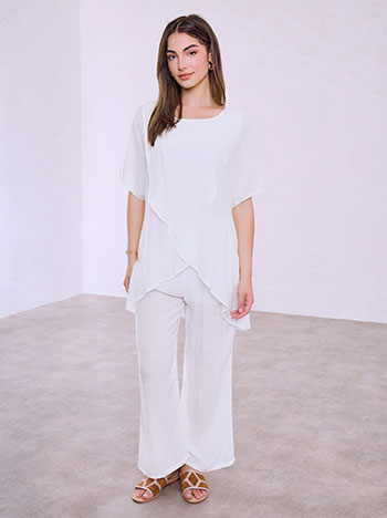 Wrap front top and wide leg trousers set in white