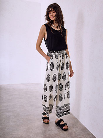 Printed wide leg trousers with cotton in light beige