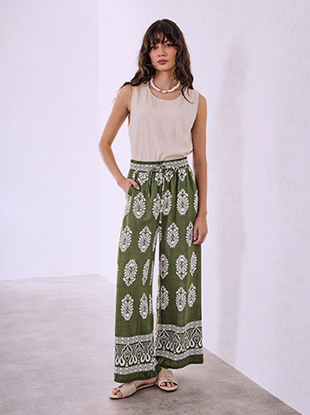 Printed wide leg trousers with cotton in khaki