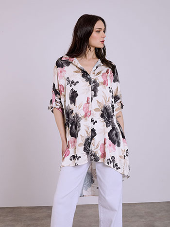 Shirt satin floral in black