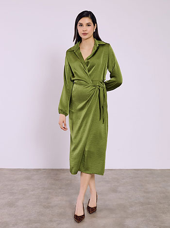 Dress midi wrap front satin in olive green