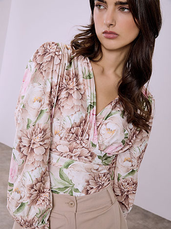 Bodysuit floral with shirred details in beige