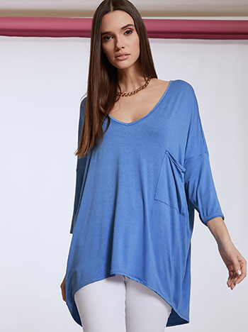 Ασύμμετρη μπλούζα με τσέπη, v λαιμόκοψη, 3/4 μανίκι, ύφασμα με ελαστικότητα, celestino collection, μπλε