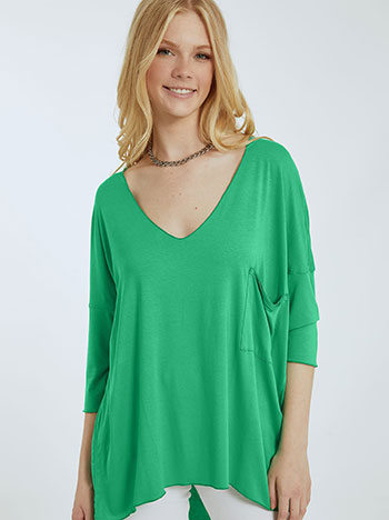 Ασύμμετρη μπλούζα με τσέπη, v λαιμόκοψη, ύφασμα με ελαστικότητα, 3/4 μανίκι, celestino collection, πρασινο