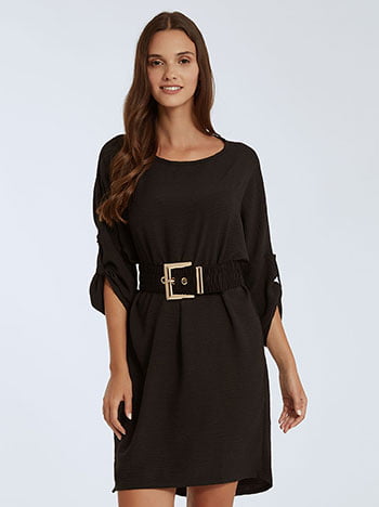 Φόρεμα με γυριστό μανίκι, στρογγυλή λαιμόκοψη, χωρίς κούμπωμα, ύφασμα με ελαστικότητα, celestino collection, μαυρο