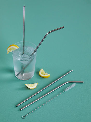 Stainless steel reusable drinking straws with cleaning brush in silver
