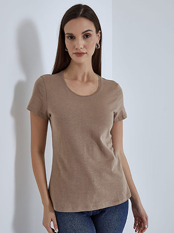 Βαμβακερό μονόχρωμο t-shirt, στρογγυλή λαιμόκοψη, celestino collection, μπεζ σκουρο