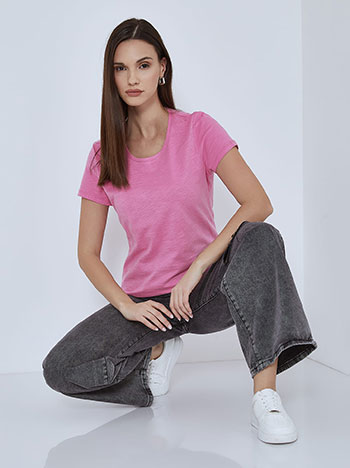 Βαμβακερό μονόχρωμο t-shirt, στρογγυλή λαιμόκοψη, celestino collection, ροζ