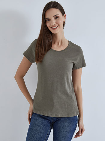 Βαμβακερό μονόχρωμο t-shirt, στρογγυλή λαιμόκοψη, celestino collection, χακι