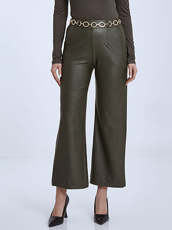 Leather effect wide leg trousers in khaki