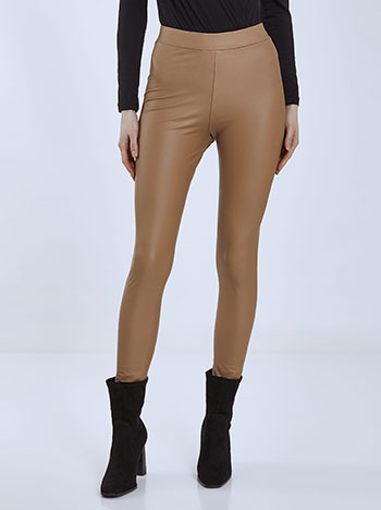 Leather effect leggings with fleece lining in camel