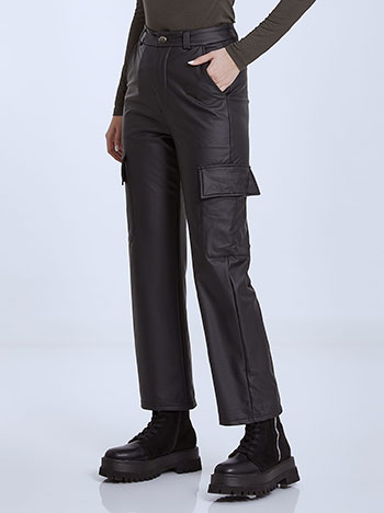 Leather effect cargo trousers in black