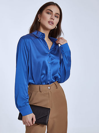 Asymmetric satin shirt in dark blue