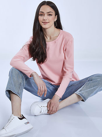 Μονόχρωμη μπλούζα με απαλή υφή, στρογγυλή λαιμόκοψη, ύφασμα με ελαστικότητα, ροζ