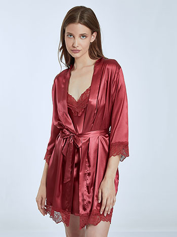 Nightdress with robe set in wine red
