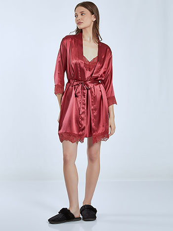 Red silk satin short nightgown with frastaglio