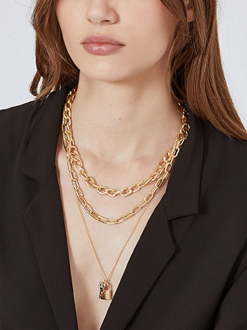 Three row necklace with padlock in gold