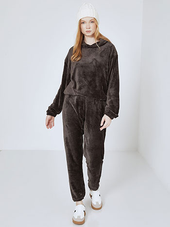 Tracksuit set fleece with hoodie in dark brown