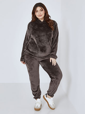 Tracksuit set fleece with hoodie in dark brown