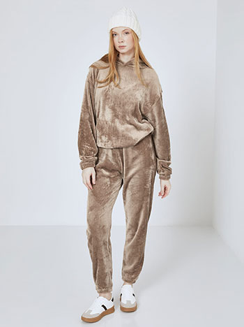 Σετ φόρμας fleece με κουκούλα σε καφέ ανοιχτό