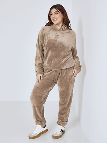 Tracksuit set fleece with hoodie in light brown