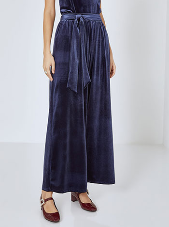 Wide leg trousers velvet with belt in dark blue