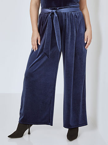 Wide leg trousers velvet with belt in dark blue