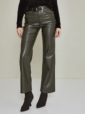 Trousers leather effect straight line in khaki