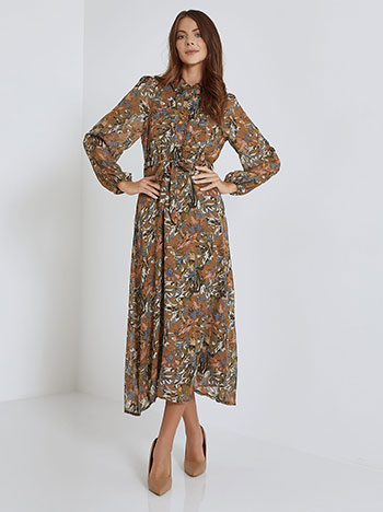 Dress with semi sheer sleeves in terracota