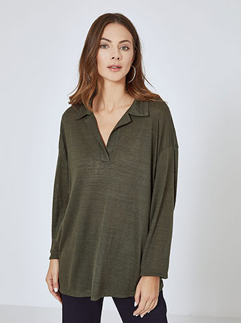 Top fine knit with colar in dark khaki