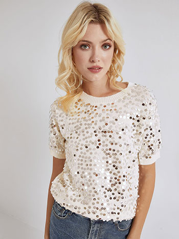 Sweater sequined with short sleeves in off white