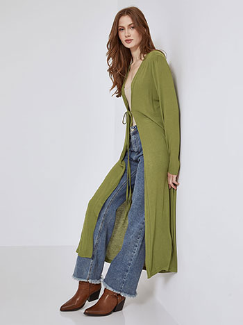 Cardigan long with tie in olive green