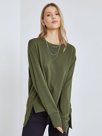 Sweatshirt  asymmetric with side slits in khaki