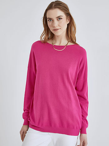 Sweater with open crew neckline in magenta