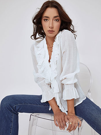 Semi sheer shirt with ruffles in white