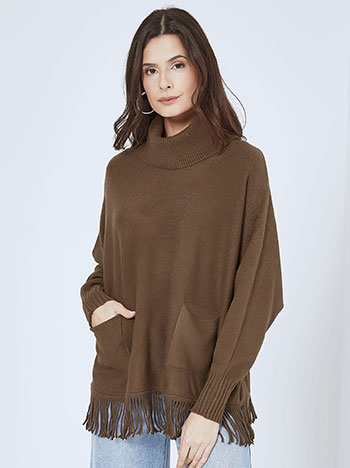 Turtleneck with fringed hemline in dark brown