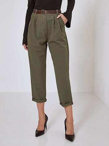 Trousers with pleats and rolled up hemline in khaki