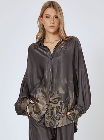 Shirt satin with leopard details in dark grey