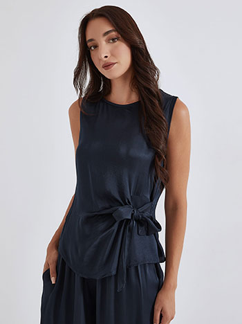 Satin top with tie in dark blue