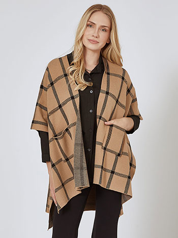 Plaid cape with pockets in black beige