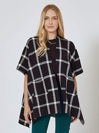 Plaid cape with pockets in black white