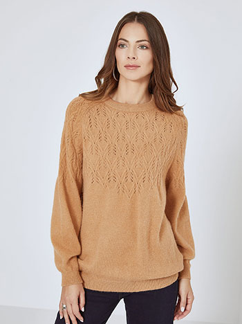 Sweater with perforated details in camel